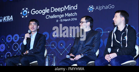 Seoul, South Korea. 13th Mar, 2016. South Korean professional Go player Lee Sedol (L), Demis Hassabis(C), the CEO of Google's London-based AI company DeepMind and Google co-founder Sergey Brin attend the press conference after the third round match of the Google DeepMind Challenge Match between Lee Sedol and Google's artificial intelligence program, AlphaGo, in Seoul, South Korea, March 13, 2016. Lee Sedol won the third round match Sunday. © Yao Qilin/Xinhua/Alamy Live News Stock Photo