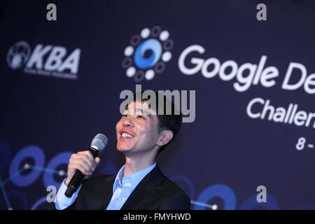Seoul, South Korea. 13th Mar, 2016. South Korean professional Go player Lee Sedol smiles at the press conference after the third round match of the Google DeepMind Challenge Match between Lee Sedol and Google's artificial intelligence program, AlphaGo, in Seoul, South Korea, March 13, 2016. Lee Sedol won the third round match Sunday. © Yao Qilin/Xinhua/Alamy Live News Stock Photo