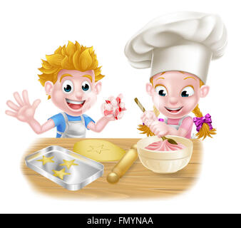 Cartoon chef kids baking and cooking desserts in the kitchen Stock Photo