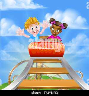 Cartoon boy and girl riding on a roller coaster ride at a theme park or amusement park Stock Photo