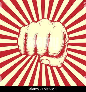 An original design of a fist in a vintage propaganda poster woodcut etching style Stock Photo