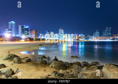 Night view of Haeundae beach. Haeundae beach is Busan's most popular beach because of its easy Stock Photo