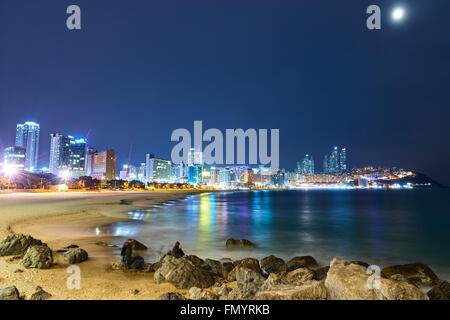 Night view of Haeundae beach. Haeundae beach is Busan's most popular beach because of its easy Stock Photo