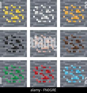 Texture for platformers pixel art vector, stone ore mineral blocks, silver gold coal gem iron Stock Vector