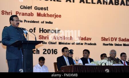 Allahabad, India. 13th Mar, 2016. D.V. Sadanand Gowda, union minister of law addressing during a programme on the occasion of 150th anniversary celebration of Allahabad Highcourt, in Allahabad, India. Credit:  Prabhat Kumar Verma/Pacific Press/Alamy Live News Stock Photo