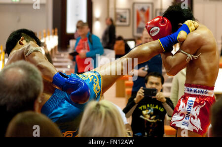 Berlin, Germany. 13th Mar, 2016. Two Thai boxers fight at the ITB international tourism trade fair in Berlin, Germany, 13 March 2016. Today was the last day of the ITB. Photo: KLAUS-DIETMAR GABBERT/dpa/Alamy Live News Stock Photo