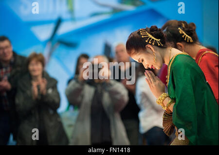 Berlin, Germany. 13th Mar, 2016. A dancer from Cambodia bows to the public at the ITB international tourism trade fair in Berlin, Germany, 13 March 2016. Today was the last day of the ITB. Photo: KLAUS-DIETMAR GABBERT/dpa/Alamy Live News Stock Photo