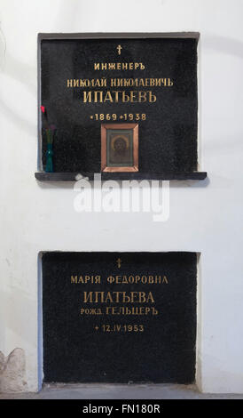 Graves of Russian engineer Nikolai Ipatiev and his wife Maria Ipatieva, nee Heltzer, in the underground crypt of the Dormition Church at the Olsany Cemetery in Prague, Czech Republic. Engineer Nikolai Nikolayevich Ipatiev (1869 - 1938) was an owner of the notoriously Ipatiev House in Yekaterinburg, Russia, where Tsar Nicholas II and his family were murdered in July 1918 by the Bolsheviks. Engineer Ipatiev and his wife lived in exile in Czechoslovakia afterward. He died on April 20, 1938. His wife Maria Fyodorovna Ipatieva, nee Heltzer, died on April 12, 1953. The Dormition church at the Olsany Stock Photo