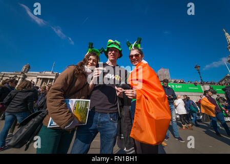 London, UK. 13th March, 2016. St Patrick's Day is celebrated across London today. Many spectators was watching spectacular parade with colourful pageantry, wonderful floats, marching bands and dancers. Credit:  Velar Grant/ZUMA Wire/Alamy Live News Stock Photo