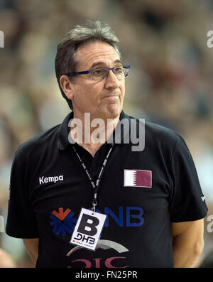 Berlin, Germany. 13th Mar, 2016. Qatar's head coach Valero Rivera during the international handball match between Germany and Qatar in the Max Schmeling Hall in Berlin, Germany, 13 March 2016. Photo: ANNEGRET HILSE/dpa/Alamy Live News Stock Photo