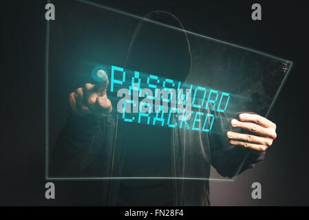 Password cracked, unrecognizable computer hacker stealing personal data, internet cyber crime concept. Stock Photo