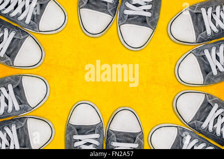 Group of young teenage people standing on the street, urban youth lifestyle concept with copy space, top view Stock Photo