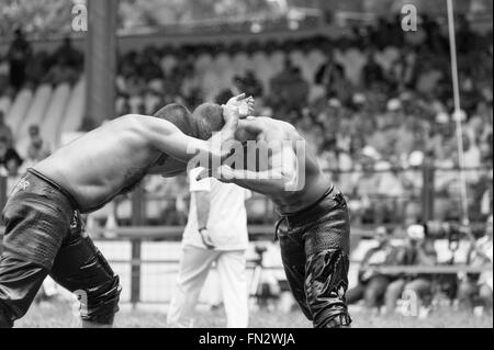 Wrestlers Turkish pehlivan at the competition in traditional Kirkpinar wrestling. Stock Photo