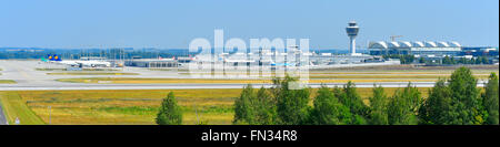 munich, airport, overview, panorama, view, tower, MAC, Munich Airport Center, Terminal 1, runway, south, sun, blue sky, traffic, Stock Photo