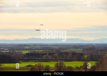 Airport Munich, MUC, view from Freising, alps, mountain, föhn, fön, wind, clear atmosphere, overview, Terminal 1, 2, satellite, Stock Photo