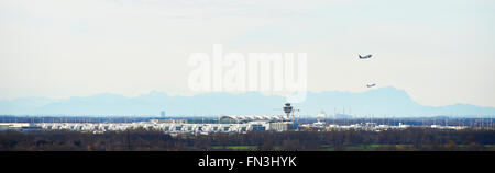 Airport Munich, MUC, view from Freising, alps, mountain, föhn, fön, wind, clear atmosphere, overview, Terminal 1, 2, satellite, Stock Photo