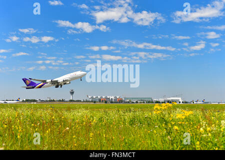 boeing, B 747 - 400, B747, Jumbo, Thai Airways, take of, take off, aircraft, airport, overview, panorama, view, runway, tower, Stock Photo