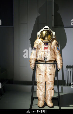 London, UK. 12th Mar, 2016. Cosmonauts: Birth of the Space Age.Modified version of the Orland suit for Mars500.The Science Museum exhibit has assembled a most significant collection of Russian spacecraft and artefacts ever to be shown in the UK. In 1957 Russia launched the world's first artificial satellite, Sputnik, into space and just four years later sent the first ever human ''“ Yuri Gagarin. It was Russia that turned the dream of space travel into a reality and became the first nation to explore space. On display was Vostok 6: the capsule flown by Valentina Tereshkova, the first ever Stock Photo