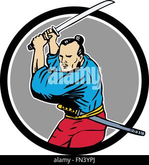 Drawing sketch style illustration of a Samurai warrior wielding katana sword viewed from front set inside circle on isolated background. Stock Vector