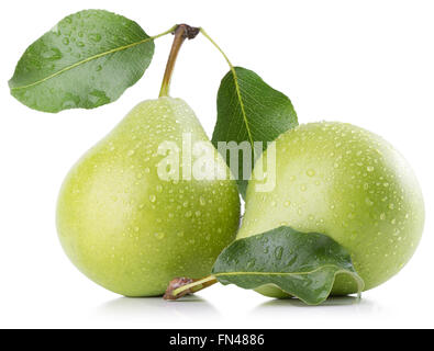 green pears with water drops isolated on the white background. Stock Photo