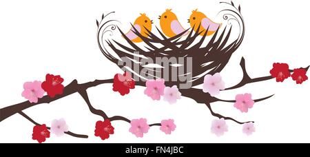 vector illustration of funny birds sitting in the tree Stock Vector
