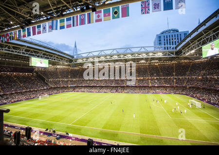 Olympics,London,2012,Cardiff,Wales,UK, Britain,Great Britain,British,Europe.Great,Britain,in blue,versus,Uruguay, Stock Photo