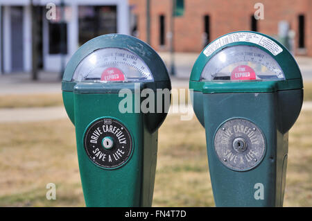 A vanishing example of what often was a fixture on Main Street USA, parking meters. Sycamore, Illinois, USA. Stock Photo