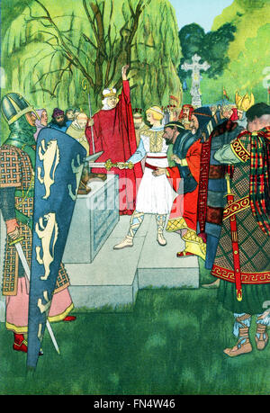 King Arthur drawing his sword Excalibur, which was said to have Stock