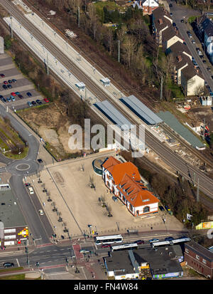 Aerial view, Central Station Moers with the station forecourt, Moers, Ruhr area, Lower Rhine, North Rhine-Westphalia, Germany, Stock Photo