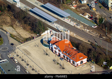 Aerial view, Central Station Moers with the station forecourt, Moers, Ruhr area, Lower Rhine, North Rhine-Westphalia, Germany, Stock Photo