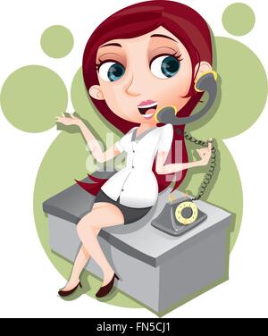 cartoon businesswoman talking on classic retro phone. Stock Vector