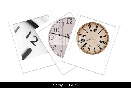 Three Polaroid Photos of Clocks Stock Photo