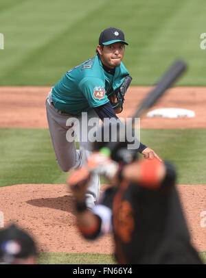 Scottsdale, Arizona, USA. 11th Mar, 2016. Hisashi Iwakuma (Mariners) MLB : Hisashi Iwakuma of the Seattle Mariners pitches during a spring training baseball game against the San Francisco Giants at Scottsdale Stadium in Scottsdale, Arizona, United States . © AFLO/Alamy Live News Stock Photo