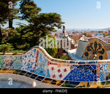 Antonio Gaudi's Mosaic Tile Bench At Park Guell In Barcelona, Spain 