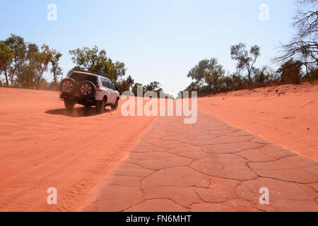 4X4 on Corrugated red dirt road to Cape Leveque, Dampier Peninsula, Kimberley Region, Outback, Western Australia, WA, Australia Stock Photo