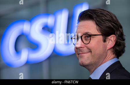 Munich, Germany. 14th Mar, 2016. General secretary of the CSU, Andreas Scheuer, arrives for the CSU party executive meeting in Munich, Germany, 14 March 2016. Photo: Sven Hoppe/dpa/Alamy Live News Stock Photo