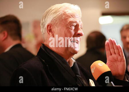 Berlin, Germany. 13th Mar, 2016. Günter Brinker during the election night of Alternative for Germany (AfD) in AO hostel in Berlin's Lichtenberg district to the state elections in Baden-Württemberg, Rheinland-Pfalz and Sachsen-Anhalt. © Simone Kuhlmey/Pacific Press/Alamy Live News Stock Photo