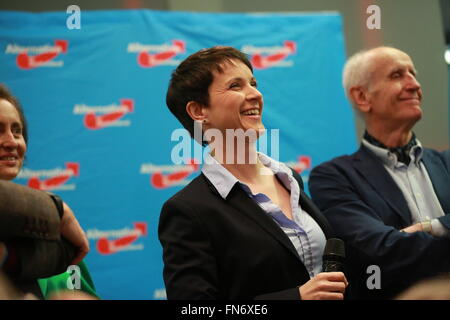 Berlin, Germany. 13th Mar, 2016. Frauke Petry during the election night of Alternative for Germany (AfD) in AO hostel in Berlin's Lichtenberg district to the state elections in Baden-Württemberg, Rheinland-Pfalz and Sachsen-Anhalt. © Simone Kuhlmey/Pacific Press/Alamy Live News Stock Photo