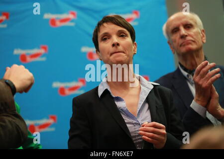 Berlin, Germany. 13th Mar, 2016. Frauke Petry during the election night of Alternative for Germany (AfD) in AO hostel in Berlin's Lichtenberg district to the state elections in Baden-Württemberg, Rheinland-Pfalz and Sachsen-Anhalt. © Simone Kuhlmey/Pacific Press/Alamy Live News Stock Photo