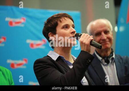 Berlin, Germany. 13th Mar, 2016. Frauke Petry during the election night of Alternative for Germany (AfD) in AO hostel in Berlin's Lichtenberg district to the state elections in Baden-Württemberg, Rheinland-Pfalz and Sachsen-Anhalt. © Simone Kuhlmey/Pacific Press/Alamy Live News Stock Photo