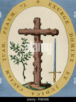 Emblem of the Inquisition. Engraving, 1692. Colored. Stock Photo