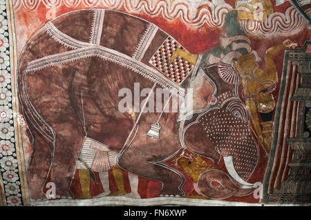 Elephant depicted in a fresco at the Buddhist cave temples at Dambulla, Sri Lanka Stock Photo