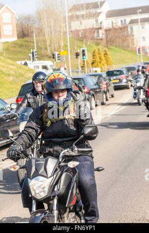 Stoke On Trent, Staffordshire, UK. 13th March, 2016. Thousands of bikers travel through the streets of Stoke On Trent collecting  Easter eggs. Now in its 38th year the star bikers annual Easter egg run is a 14-mile route around the city of Stoke on Trent, and hundreds of supporters lined the streets of the to donate Easter eggs before the bikers finished at the King's Hall, in Stoke. Credit:  James Clarke/Alamy Live News Stock Photo