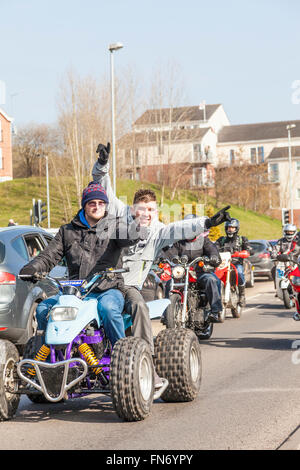 Stoke On Trent, Staffordshire, UK. 13th March, 2016. Thousands of bikers travel through the streets of Stoke On Trent collecting  Easter eggs. Now in its 38th year the star bikers annual Easter egg run is a 14-mile route around the city of Stoke on Trent, and hundreds of supporters lined the streets of the to donate Easter eggs before the bikers finished at the King's Hall, in Stoke. Credit:  James Clarke/Alamy Live News Stock Photo