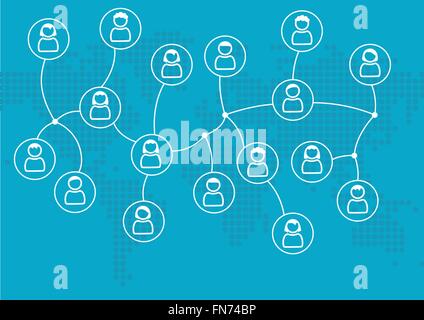 Social network concept of globally connected people or colleagues. Vector illustration with world map in flat design Stock Vector