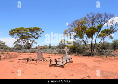 Lonely Outback pioneers' graves at Menzies Cemetery, Shire of Menzies, Western Australia, Australia Stock Photo