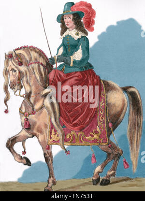 Archduchess Cecilia Renata of Austria (1611-1644). Queen of Poland as consort to the Polish-Lithuanian Commonwealth's King Władysław IV Vasa. Equestrian portrait. Engraving by Lafon, 1850. Colored. Stock Photo