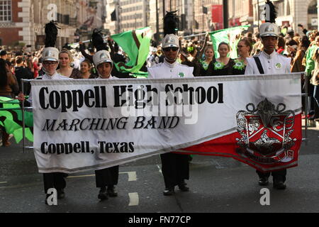 Coppell High School marching band during St Patrick Day Parade in London. Stock Photo