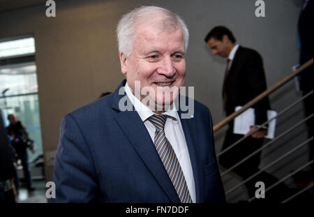 Munich, Germany. 14th Mar, 2016. The Premier of Bavaria, Horst Seehofer (CSU) arrives for the CSU party executive meeting in Munich, Germany, 14 March 2016. Seehofer criticized Merkel's refugee policies and called it the main reason for the losses of the CDU in the state parliament elections. Photo: Sven Hoppe/dpa/Alamy Live News Stock Photo