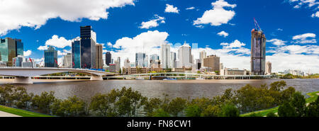 BRISBANE, AUSTRALIA FEB 12 2016: Panoramic view of Brisbane from South Bank over the river. Brisbane is the capital of QLD and t Stock Photo